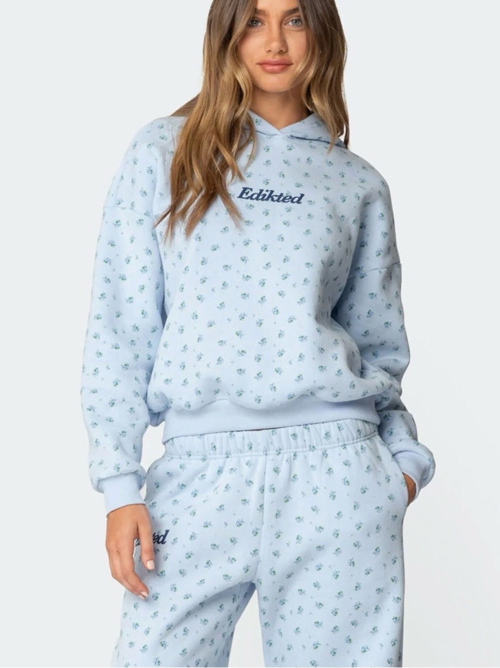 Edikted Pastel Blue Mini Floral Hoodie Womens size XS